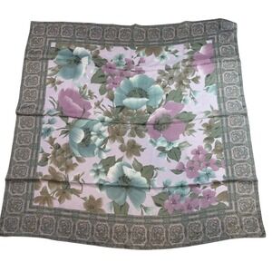 Vintage Floral Silk Scarf Square Paisley Border Lavender Blue Pink Green 34x34